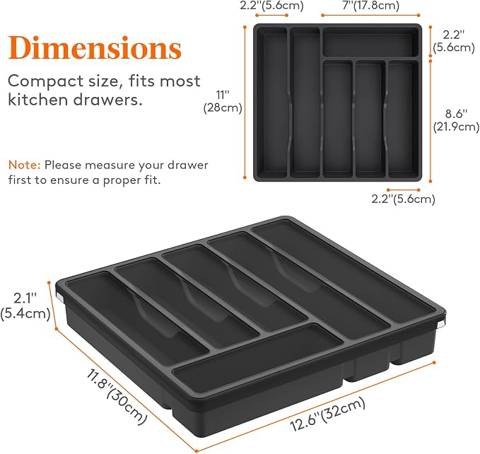 Lifewit Silverware Organizer with Lid, Covered Utensil Tray, 12.6x11.8 | Plastic Cutlery Storage Box for Kitchen Drawer and Countertop, Flatware Case Holder for Spoons Forks Knives, Black