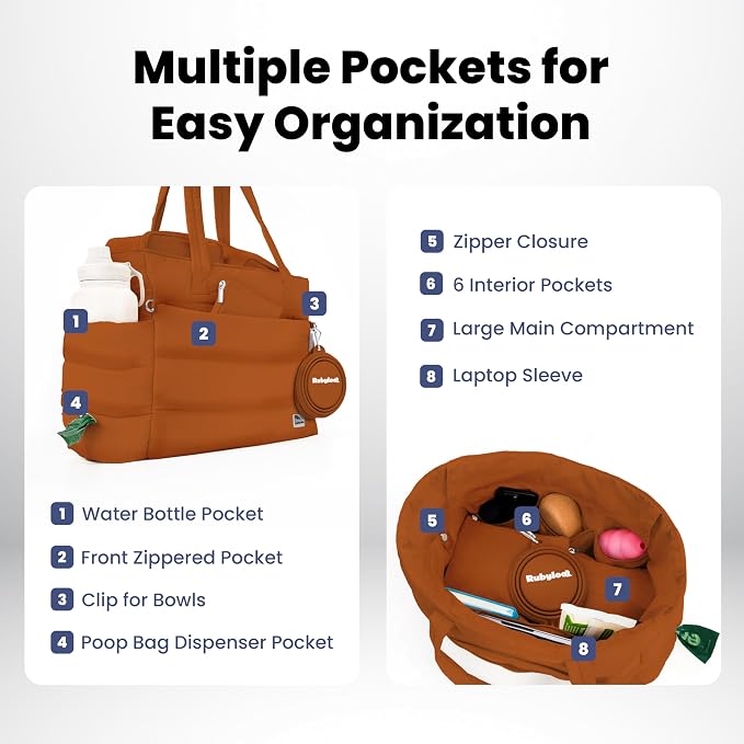 Puffer Dog Travel Bag for Dog Moms, Diaper Bag with Travel Bowls | 2 BPA-Free Collapsible Bowls, 2 Pet Food Containers, 9 Pockets, Everyday Puffer Bag Works With or Without Your Dog, Rust