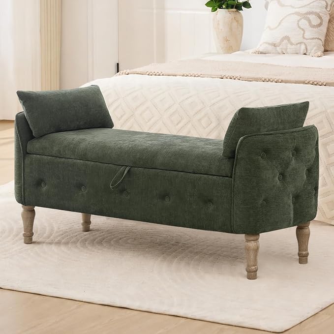 End of Bed Storage Bench King Size,51" Upholstered Bedroom Bench,Green | Linen Storage Bench for Bedroom End of Bed ,2 Cushion, Vintage Wood Legs ,Tufted,Storage Ottoman Bench for Entryway Window