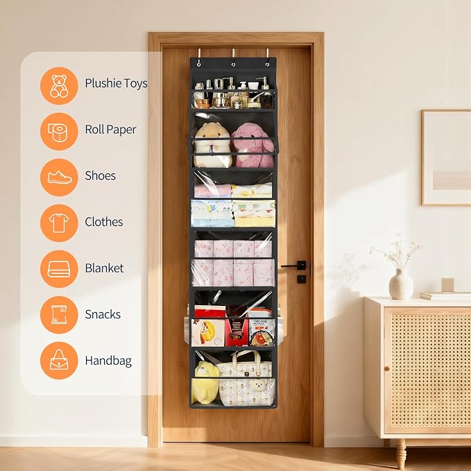 Yecaye Hanging Yarn Storage Organizer with 6 Zippered Closure Compartments, Heavy Duty Stuffed Animal Storage with Clear Full-Front PVC, Dustproof Yarn Holder for Crocheting Storage, Black 6 Tier