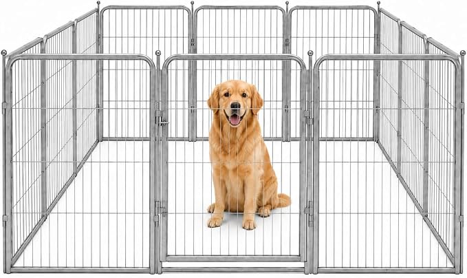 Dog Play Pen for Outdoor Use - 40'', 12 Panels for Medium and Large Size Dogs - Portable Playpen Pet Fence for RV, Camping, and Yard - Heavy Duty Kennel w/Grey Rust Resistant Coating