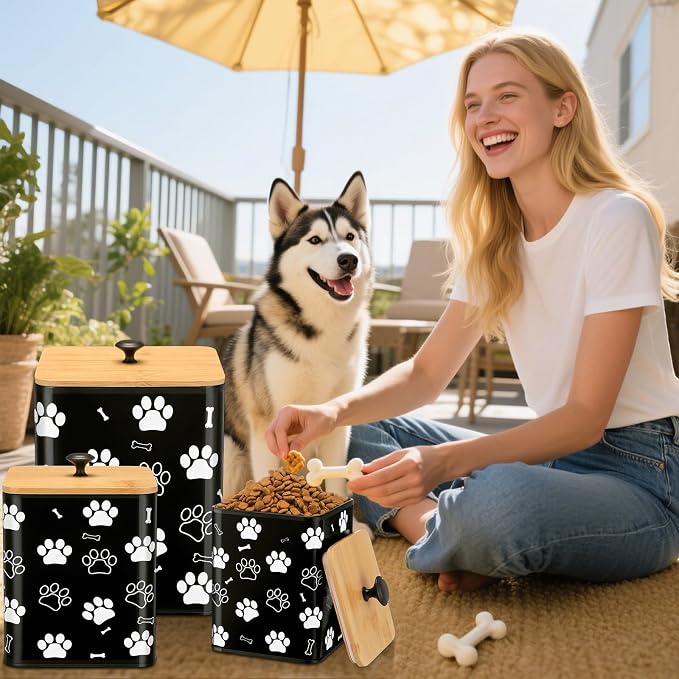 Reallnaive Airtight Dog Treat Container Set of 3 with Bamboo Lids Metal Treat Jars for Countertop Decorative Pet Snack Food Storage Canister Kitchen Biscuit Holder(Black)