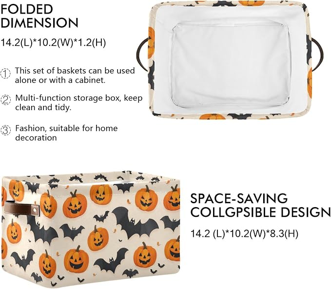 Wamika Happy Halloween Storage Basket with Waterproof Liner and PU Handles Spooky Pumpkin Black Bat Storage Bins Boxes 14.2" Collapsible Decorative Organizer Baskets for Bedroom Closet Office 2 Pack