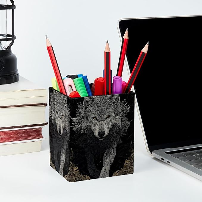 Wolf Pen Holder for Desk Decor, Rectangular PVC Leather Pencil Cup for Desk Pen Organizer, Makeup Brush Holder for School, Home, Office