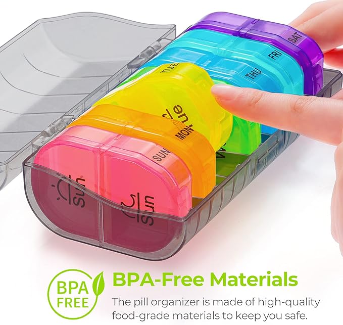 AUVON Pill Box 2 Times a Day, 7-Color for Easy Tracking, Dual Protection | Weekly Pill Organizer AM PM with 7 Daily Pocket Case to Hold Vitamin, Medicine, Medication, and Supplement, BPA-free
