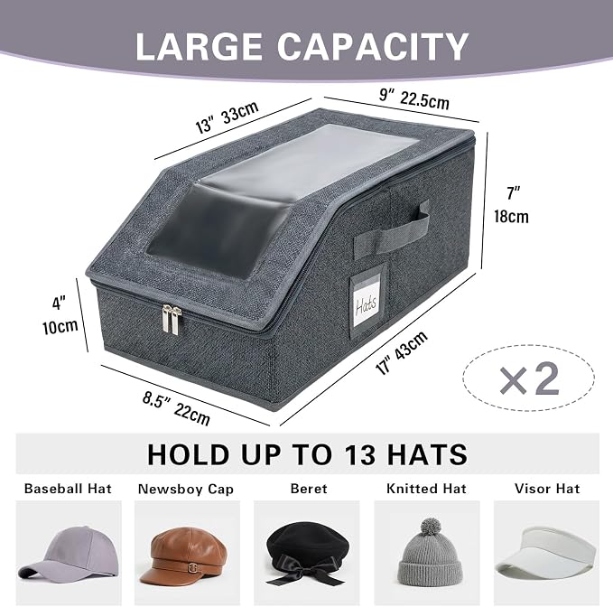 Furlide Hat Organizer for Baseball Caps, 2 Pack Stackable Storage Boxes | Protects 24-30 Caps From Dust and Pet Hair; Stackable Base, Clear Window, Front Opening and Handles Simplify Closet Storage.