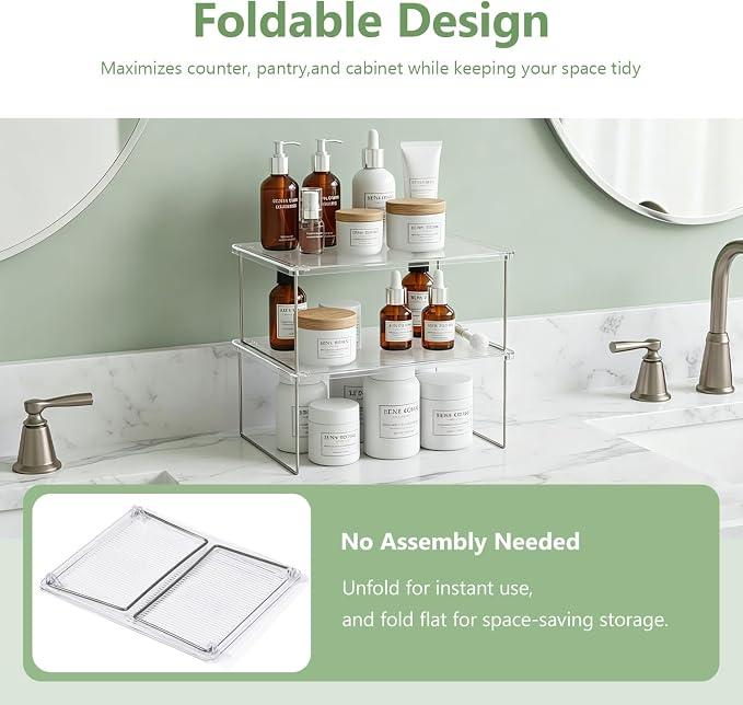 Pantry Organizer, Cabinet Storage Shelf Rack, Stackable Kitchen Cabinet, Foldable Countertop Shelf Organizer, 2 Pack