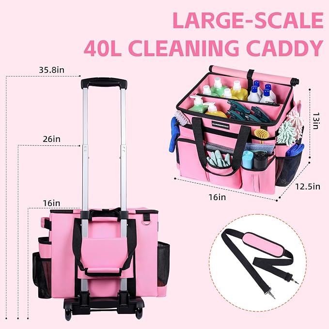 Extra Large Rolling Cleaning Caddy Bag with Wheels, Cleaning Baskets Bags with Detachable Trolley For Housekeepers , Water Resistant Cleaner Supplies Organizer with Wheels for Kitchen, Car