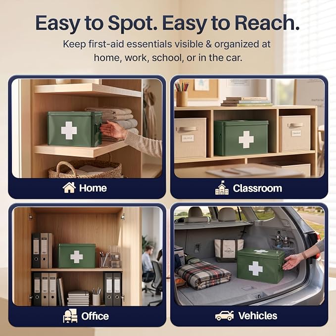 Flexzion Large Metal First Aid Box Empty, 13-Inch, Green with White Cross | Vintage Medicine Box and First Aid Storage Organizer with Removable Tray and Dividers; Empty Box Only, Supplies Not Included