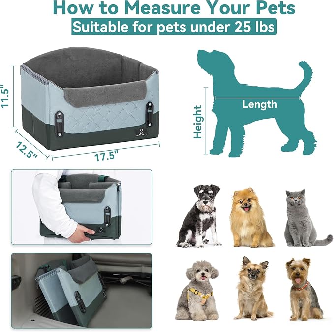 A 4 Pet Dog Car Seats for Small Dogs, Under 25 lbs, Patent Buckles | Adjustable leash, frame support, reduces anxiety, for cars/SUV/pickup