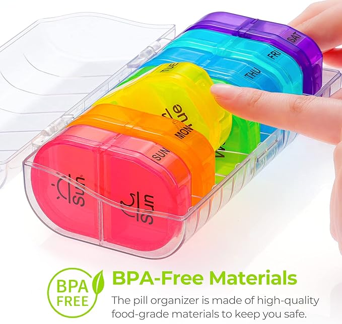 AUVON Pill Box 2 Times a Day, 7-Color for Easy Tracking, Dual Protection | Weekly Pill Organizer AM PM with 7 Daily Pocket Case to Hold Vitamin, Medicine, Medication, and Supplement, BPA-free