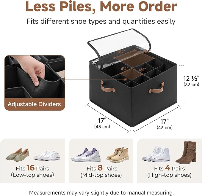 StorageWorks 2-Pack 32-Pair Fabric Shoe Storage Bins for Closet, Black | Adjustable Dividers, Holds up to 16 Pairs Each, Foldable, Clear Lid, Soft Handles, Fits Sneakers, Boots & Heels, For Closet