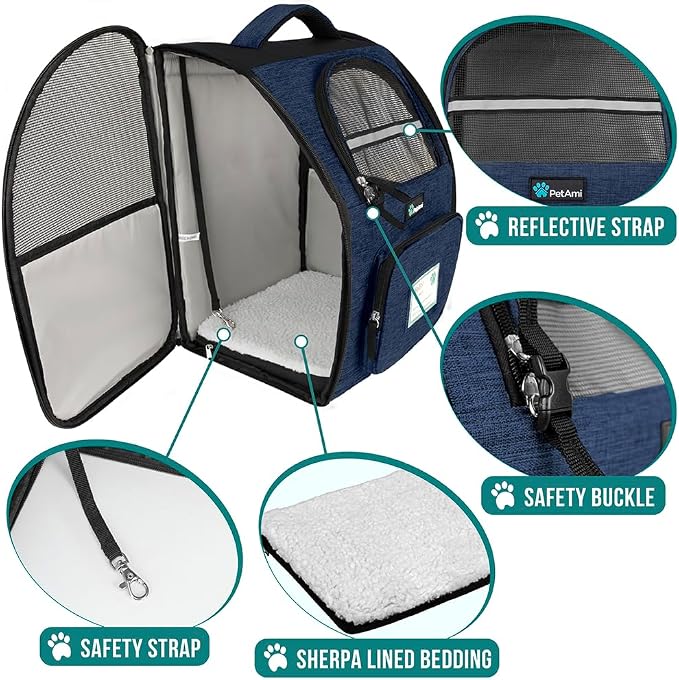 PetAmi Dog Backpack Carrier Airline Approved Cat Pet Puppy Bag, Navy | Ideal for Small Medium Large Pet up to 18 lb, 2 Side Entry Structured No-Collapse Frame, Ventilated Bookbag for Hiking Travel
