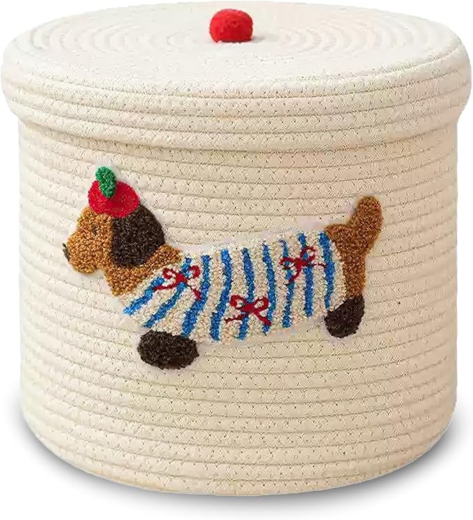 Cute Dog Cotton Rope Storage Basket with Lid, 10"×10"×9" Woven Storage Bin, Large Capacity Dustproof Toy Organizer, Decorative Laundry Hamper for Living Room, Nursery, Kids Room (Large)