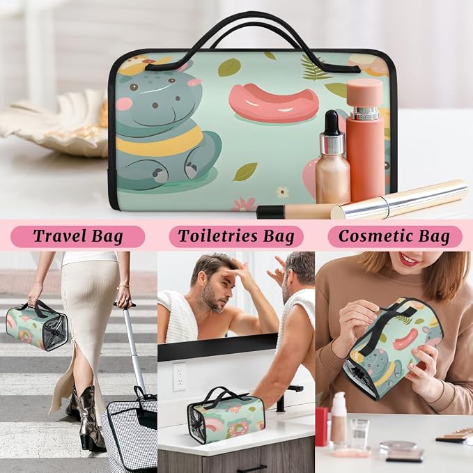 Hippopotamus Makeup Bag for Women Hanging Roll-Up Travel Organizer Toiletry Kit with 4 Removable Compartments, Tropical Theme