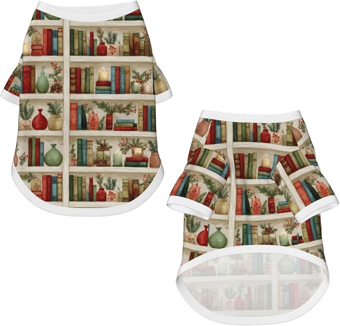 Christmas Bookshelf Dog T Shirt Dogs Cats Cotton Shirts Short Sleeve Clothes Soft Stretchy Pet Costume Doggy Outfit Pullover Jumper Puppy Sweatshirt Large