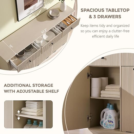 IFGET Triple Tilt Out Trash Can Cabinet, Modern Fluted Laundry Hamper Cabinet with 3 Drawers, 20 Gallon Hidden Wooden Garbage Can Cabinet w/Storage Basket & Adjustable Shelf, for Kitchen, Cream