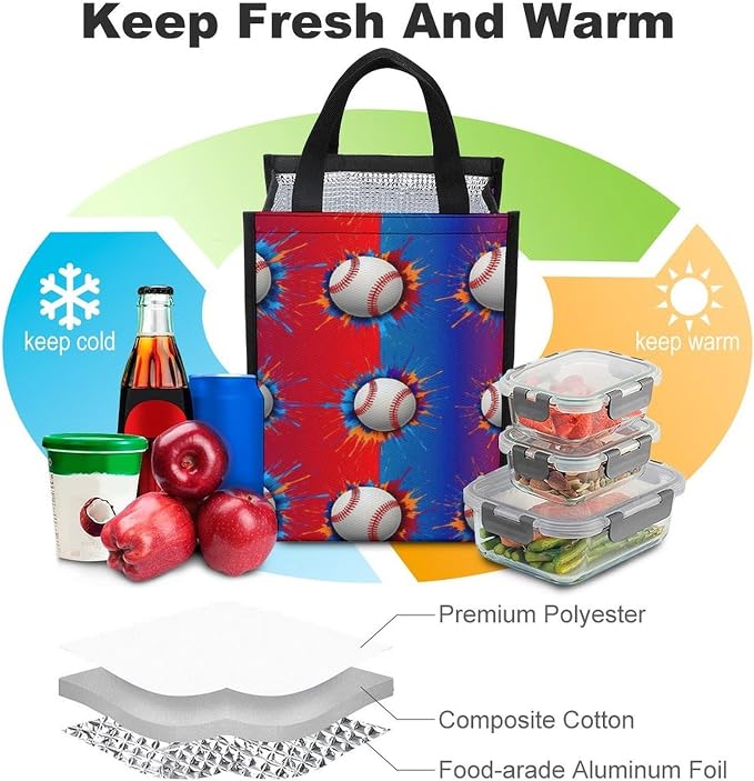 Portable Insulated Lunch Bag Thermal Lunch Organizer Reusable Cooler Tote Bags Compatible with Paint Splash Ink Baseball Lunchbox for Travel Office