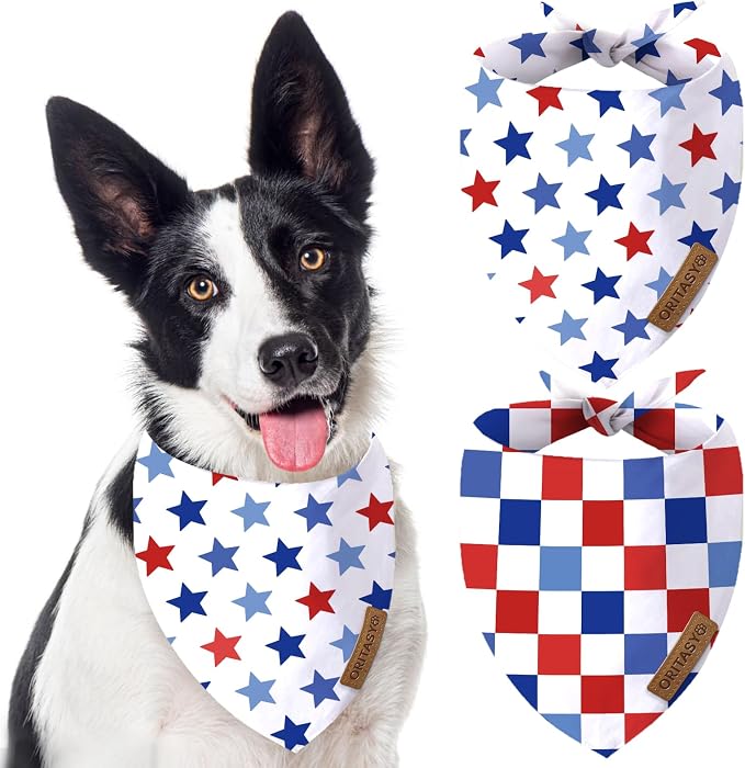 Checkered 4th of July Dog Bandanas, 2-Pack Triangle Reversible Pet Scarves, Premium Fabric, US American Flag Bandana for All Dogs (Large, Style 25-1)