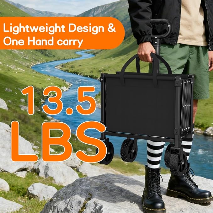 Extra Long Wagons Carts Foldable, 360LBS Heavy Duty Collapsible Wagon with Wheels, Folding Wagon Portable Utility Cart for Groceries, Shopping, Camping, Sports