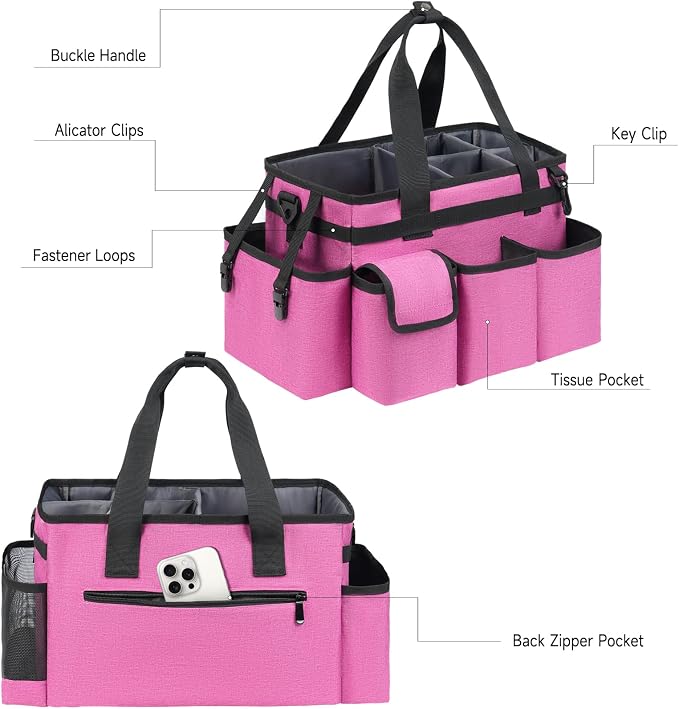 Cleaning Caddy,Cleaning Bag for Housekeepers,Cleaning Supplies Organizer with Handle,Rose Red