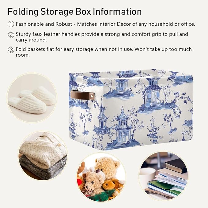 susiyo Large Closet Storage Bin Pagodas Chinoiserie Fabric Storage Baskets Collapsible Decorative Baskets Organizing Basket Bin with PU Handles for Shelves Home Closet Bedroom Living Room-2Pack
