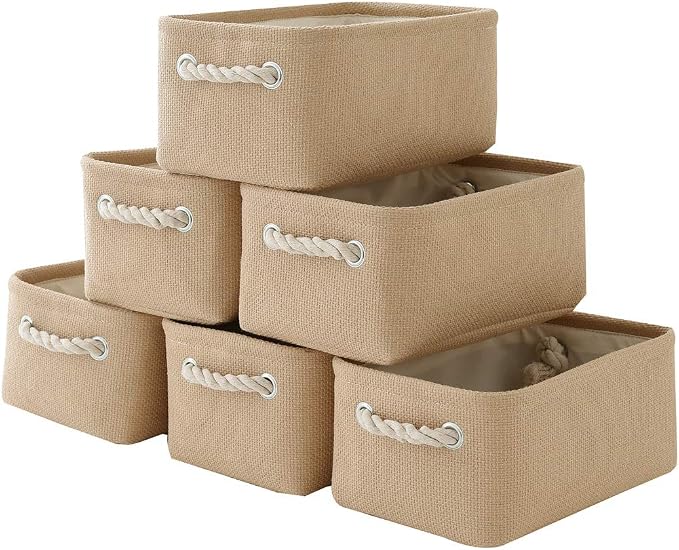Storage Basket for Organizing - Small 6 Pack 11.8x7.8x5.2 inch Fabric Storage Cubes with Cotton Rope Handle, Collapsible Storage Bins Baby Storage Toy Nursery (Beige)