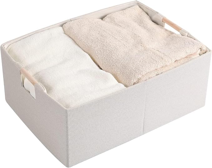 Fabric Storage Bin Box Foldable Cotton Linen Storage Basket with Wooden Handles Rectangular Cube Decorative Home Laundry Organizer Clothes Blanket Container – Beige, Medium | Medium Rectangular Cube Decorative Home Laundry Organizer Clothes Blanket Con...