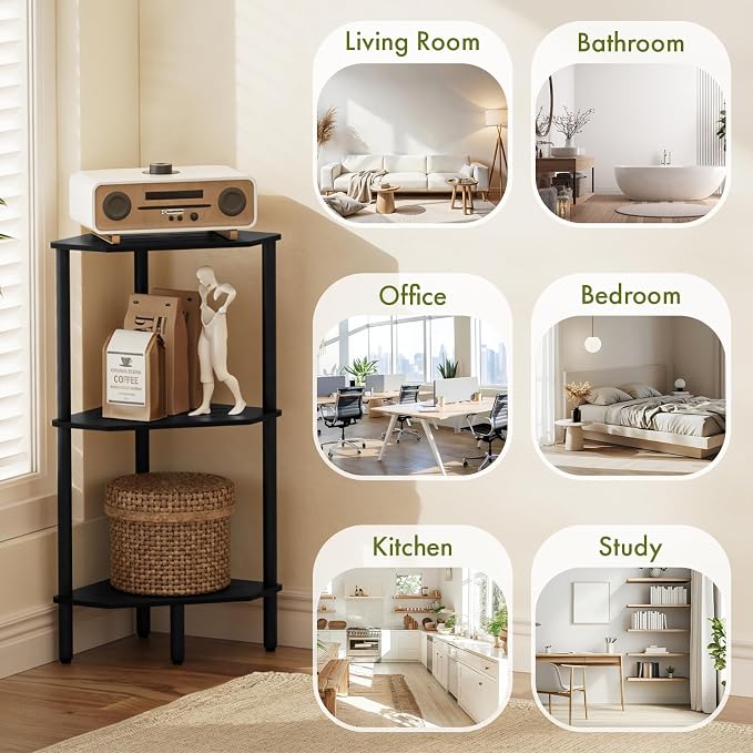 Black Corner Bathroom Shelf, 3 Tier Bamboo Kitchen Corner Shelves, Display Shelf, Shower Corner Caddy, Indoor Plant Stand Balcony, Freestanding Storage Organizer Stand for Living Room, Small Spaces