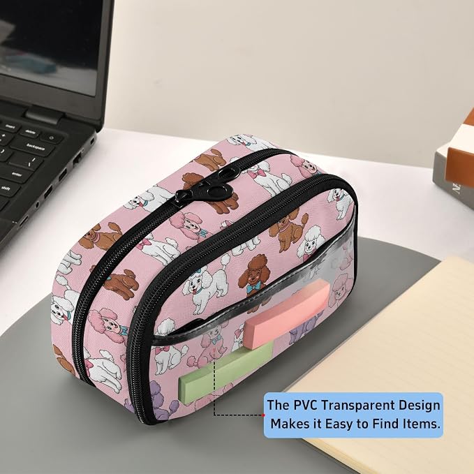 Cute Pets Poodles Pink pattern Large Capacity Pencil Case with Zipper Water Resistant Portable Organizer Pen Bag for Office School Students