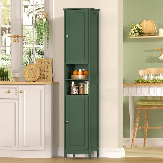 TEENFON 67" Tall Bathroom Cabinet with Adjustable Shelves and Doors, Narrow Bathroom Storage Cabinet for Small Space, Living Room, Entryway, Kitchen, Green