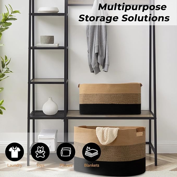danpinera Large Woven Basket, 108L Large Blanket Basket for Living Room, Nursery, Cotton Woven Hamper for Toy Organizing & Laundry, 25’’*16’’*16’’ Gradient Linen