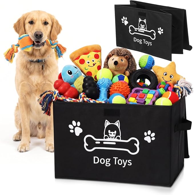 Novabright Dog Toy Basket with Lid Foldable Dog Toy Storage Bin with Clear Window Large Pet Storage Box with Handles for Pet Essentials Organization, 14.9 x 9.8 x 9.8 Inch(Black)