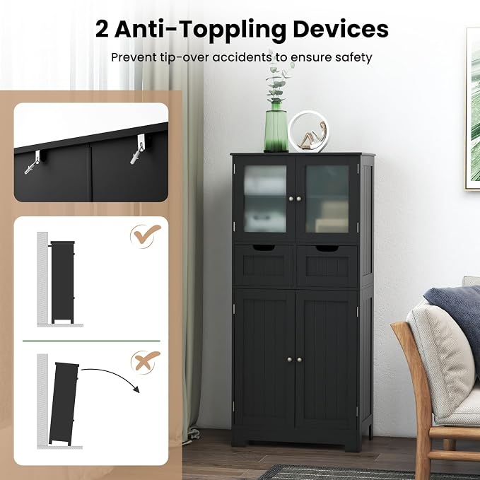 LOKO Bathroom Floor Cabinet, Storage Organizer with Glass Doors, Wooden Kitchen Cupboard with Adjustable Shelf for Living Room (Floor Cabinet with 2 Additional Drawers, Black)