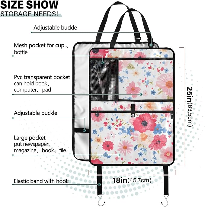 JIPONI Car Backseat Organizer, Color Red Flower Automotive Back Seat Protector, Kick Mats with Storage Pockets for Kids Pets, Road Trip Accessories