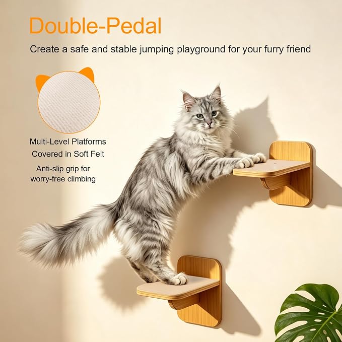 Wall-Mounted Cat Hammock with 2 Wooden Perching Steps—a Suspended Solid Wood wall-Mounted cat Shelf Set Suitable for Indoor Climbing beds for Kittens, Small, Medium, and Large Cats