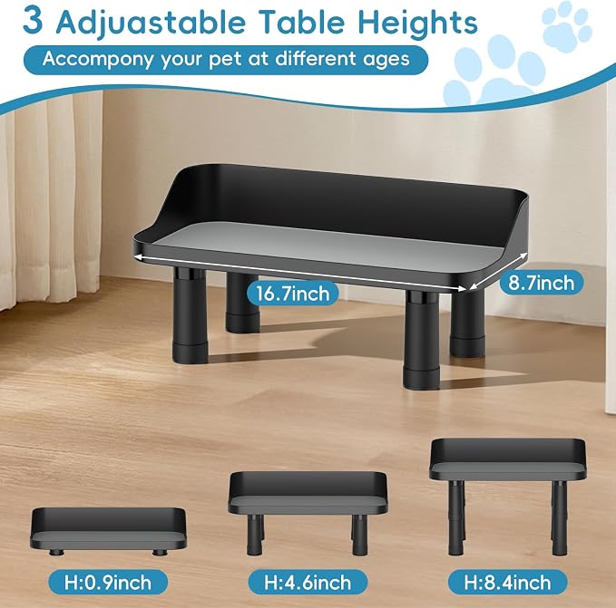 Raised Dog Food Bowl Stand Feeding Station Adjustable 16in Wide | 3 Adjuastable Heights, with Splash Gard, Pet Cat Large Dogs Universal, No Bowl Included