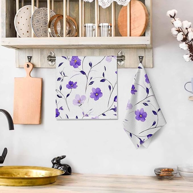 Purple Flower 2Pcs Kitchen Towels Poppy Watercolor 16X24 Inch Ultra Soft Tea Towel Super Absorbent Terry Dish Towels for Kitchen Linens