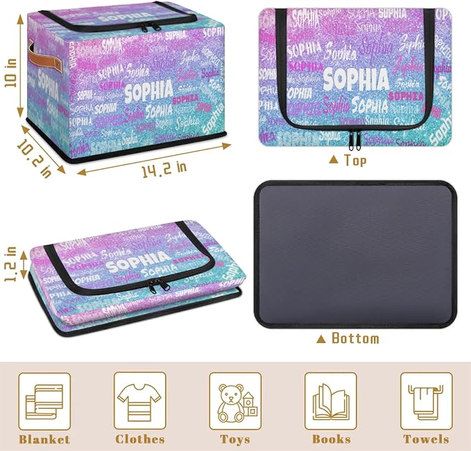 Custom Name Storage Bin with Lid Zipper, Personalized Rectangular Storage Basket with Handles for Organizing Boys Girls Toys Office Closet Shelf Baskets, Gradient Purple Blue Glitters Print