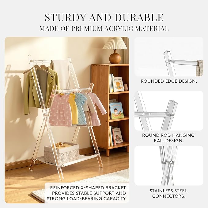 Acrylic Clothes Rack, Foldable Kids Clothing Rack,with Shelves Portable Coat Rack, Suitable for Entrance Hall, Bedroom, Living room, and Bathroom for Hanging Clothes of Babies and Pets.