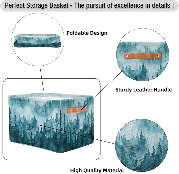 Pardick Forest Storage Baskets Bin Canvas Storage Bin Collapsible Baskets Toy Organizer Rectangle Storage Boxes with Handles for Home Shelves Nursery, 1Pack
