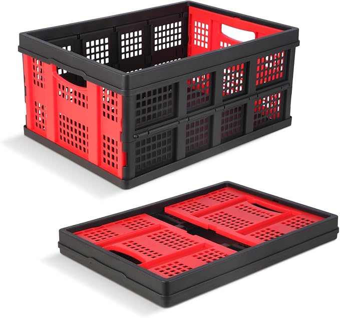 55L Collapsible Storage Bins with Handle, | Platic Storage Crates for Organizing Tools, Books, Food, Drinks, Camping & Home, Large to Hold 55 lbs Folding Utility Crate