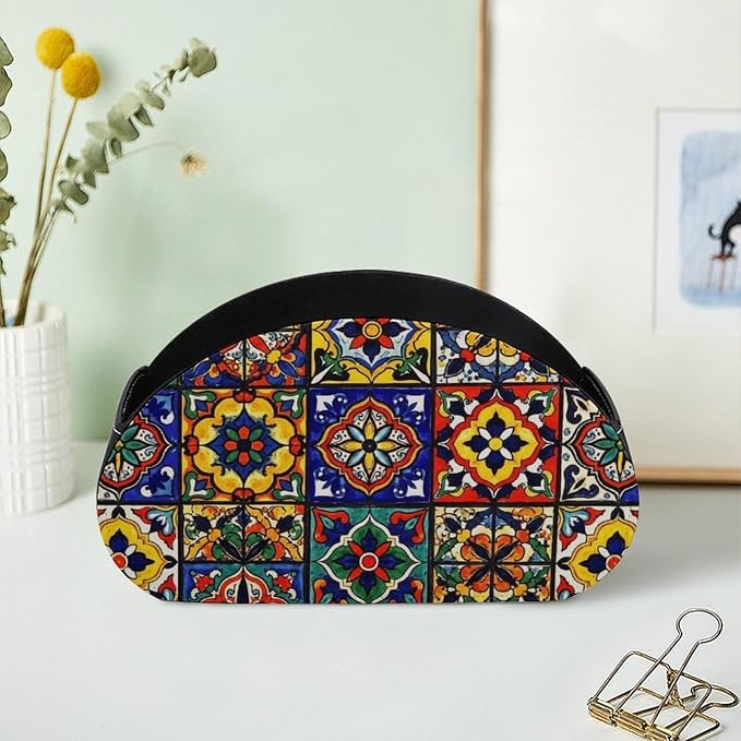 Desktop Remote Control Holder Mexican Talavera Tile Storage Cup Caddy Box | Table Desk Organizers with 5 Compartments, Mexican Talavera Tile Colorful Floral Mexican, Multi-functional Office Supplies