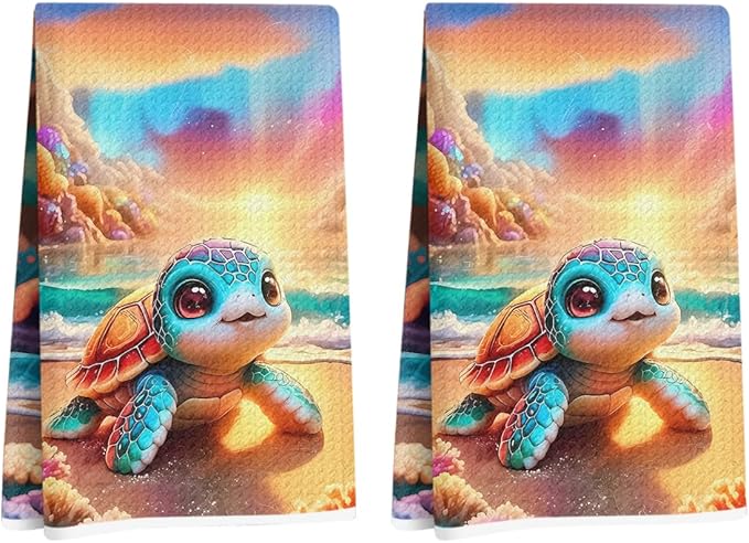 Hanamiya Na 2 Pcs Cute Cartoon Turtle Kitchen Towels 24x14 Inch, Watercolor Waffle Hand Towels for Kitchen Home Bathroom Farmhouse Decor, Turtle Gifts Microfiber Dish Cloth Tea Towel