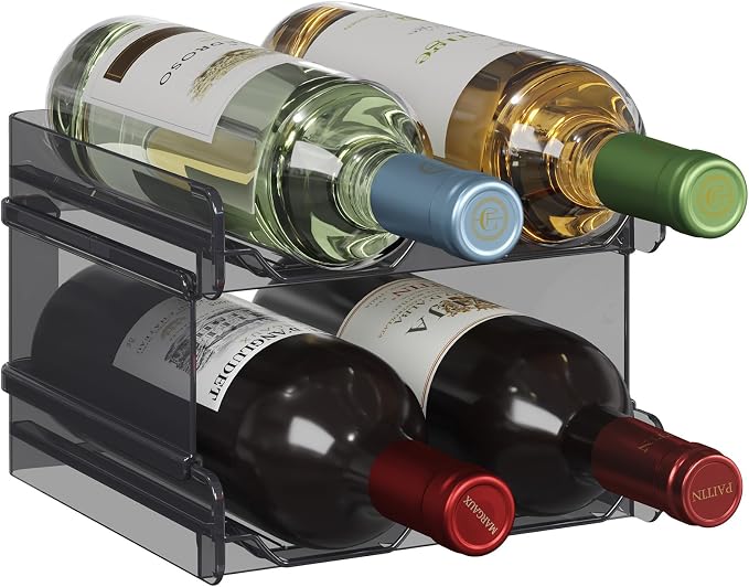 Lifewit Stackable Wine Rack for Cabinet, Plastic Refrigerator Wine Holder | Black Water Bottle Storage Rack for Fridge Shelf, Tumbler Cup Organizer Holds 4 Bottles for Countertop, Kitchen Organization