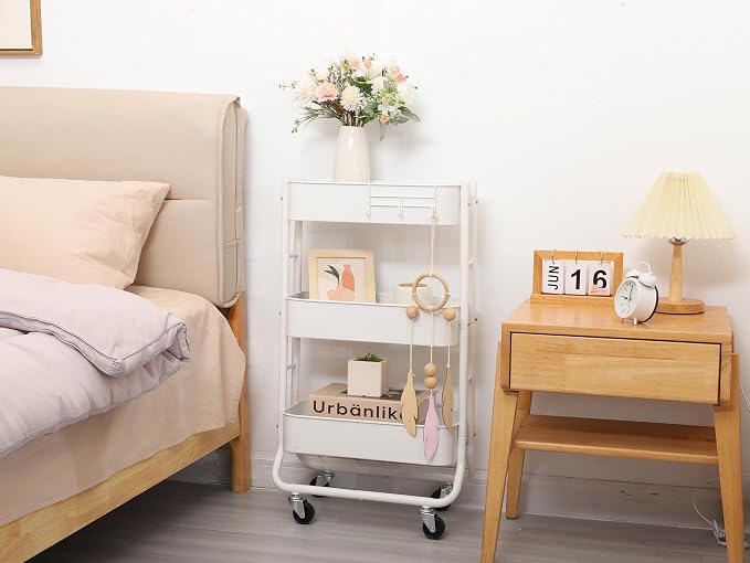 MAX Houser Slim 3-Tier Rolling Utility Cart with Extra Hook, White | Narrow Metal Bathroom Storage Multifunctional Organizer Carts with Wheels with Extra Hook, Laundry Room,Kitchen,Small Space