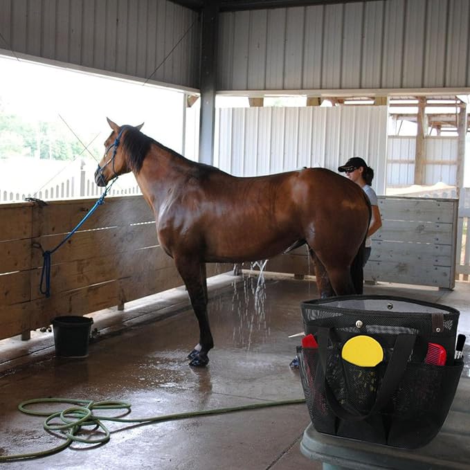 Mesh Horse Grooming Tote Bag Breathable Waterproof, 6 Pockets Horse Grooming Kit Tool Bags, Horse Cleaning Caddy Box for Cleaning Supplies, Pet Grooming Organizer for Horse Dog Goats, Black