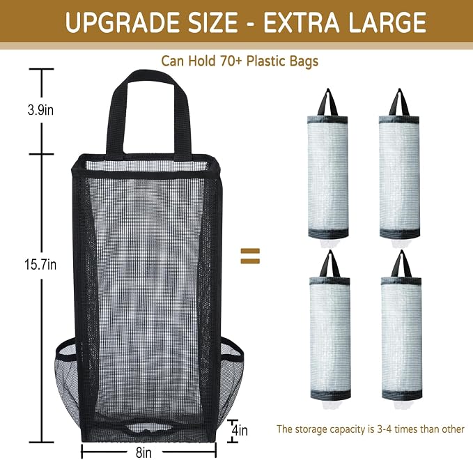 Plastic Bag Holder, Large Capacity Grocery Bag Holder, Breathable Mesh Plastic Bag Holders for Grocery Bags Storage, Lightweight Trash Bag Holder Dispenser Organizer, Black