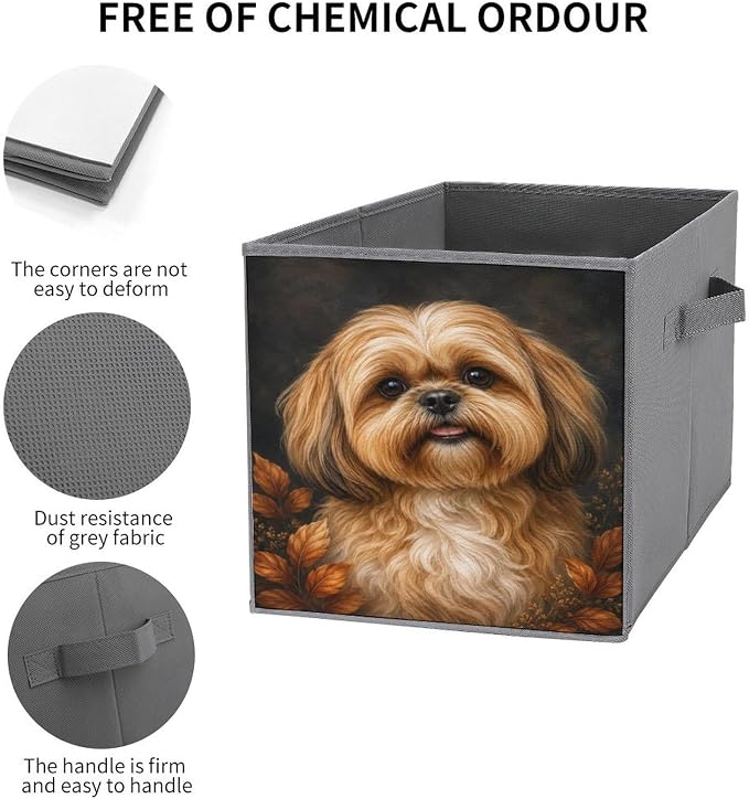 Shih Tzu Dog Portrait Autumn Leaves Storage Bin with Handles, Oxford Fabric Foldable Storage Cube Organizer for Clothes, Towels, Bedroom, Living Room, Home Organization