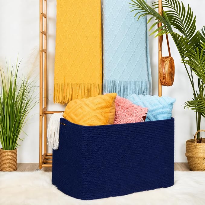 112L Extra Large Blanket Basket Holder Living Room, 25"x17"x16" Rectangle Rope Woven Storage Basket with Handles for Laundry, Towels, Shoes, Dog Toy Organizer Bin Box, Full Navy